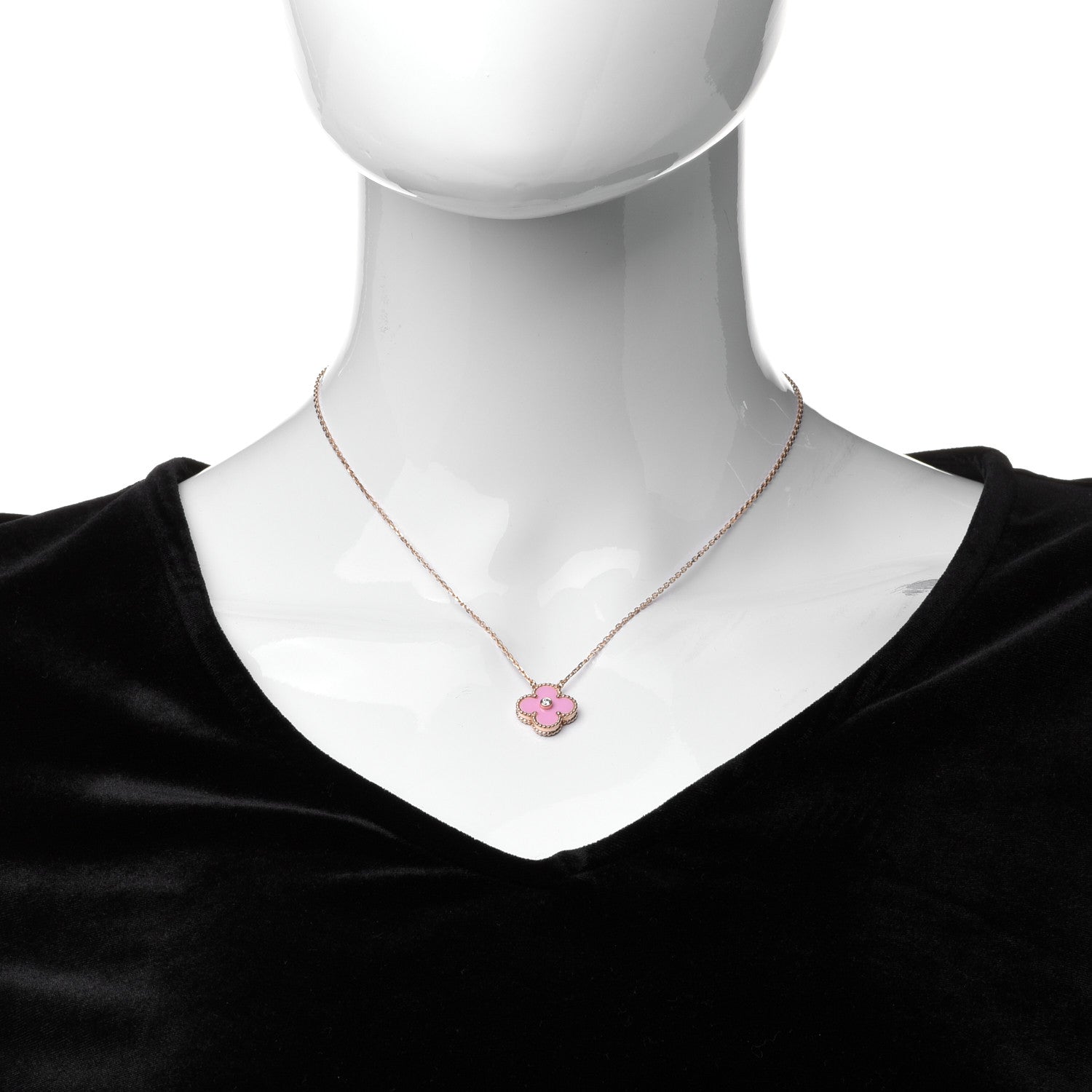 Van Cleef & Arpels 18K Rose Gold Diamond Pink Porcelain Vintage Alhambra Pendant Necklace 2 of 7