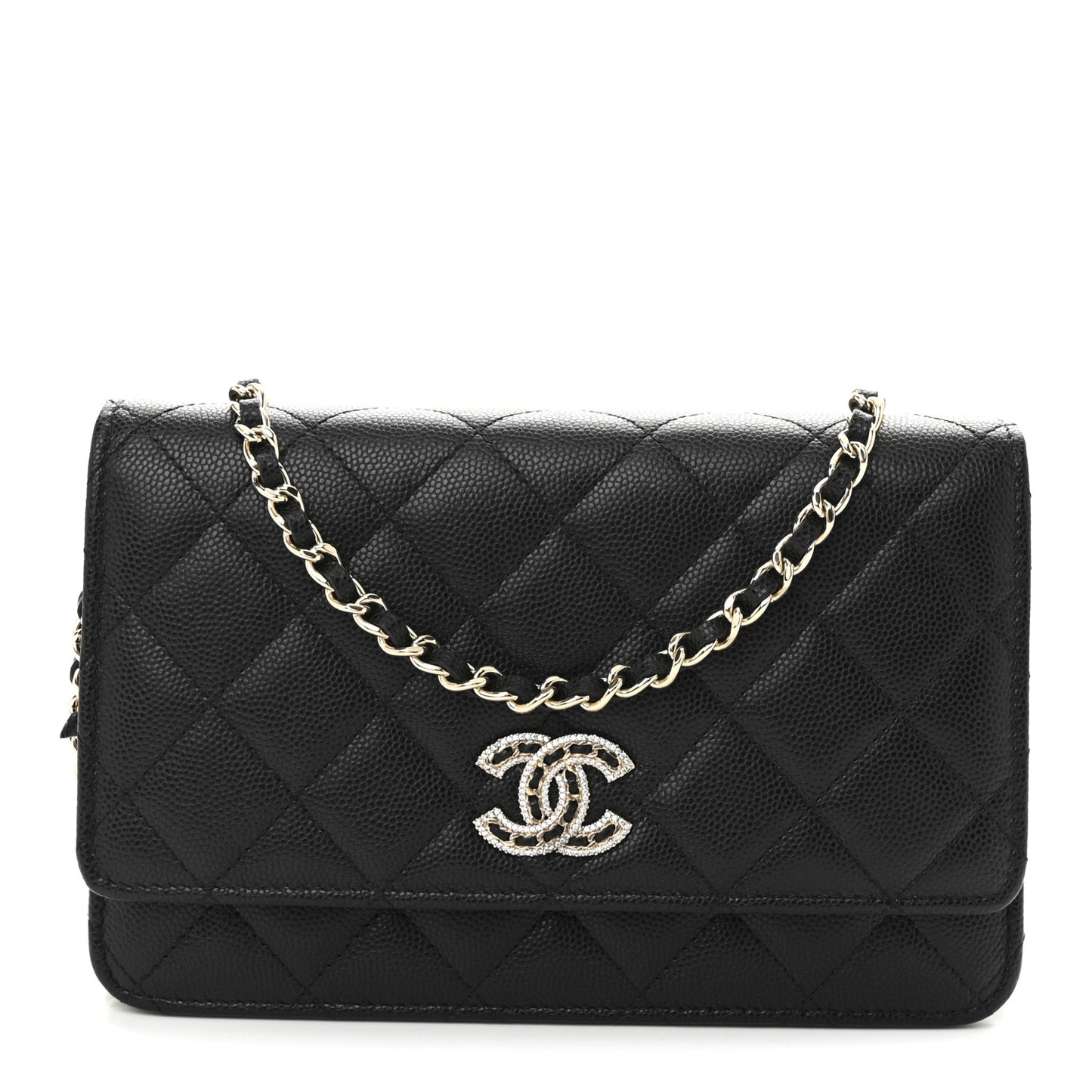 Caviar Quilted Crystal CC Wallet On Chain WOC Black