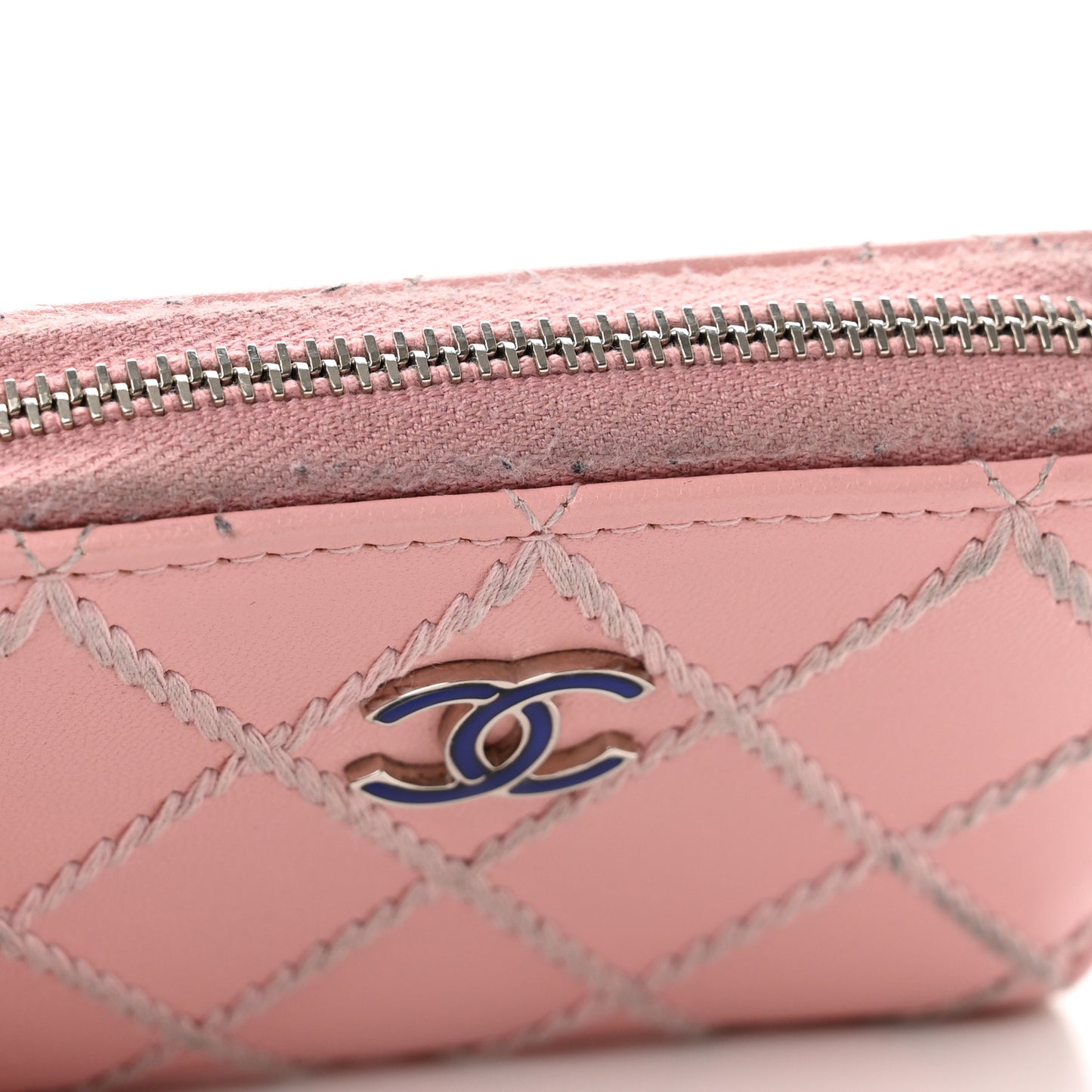 Lambskin Double Stitch Zip Coin Purse Pink