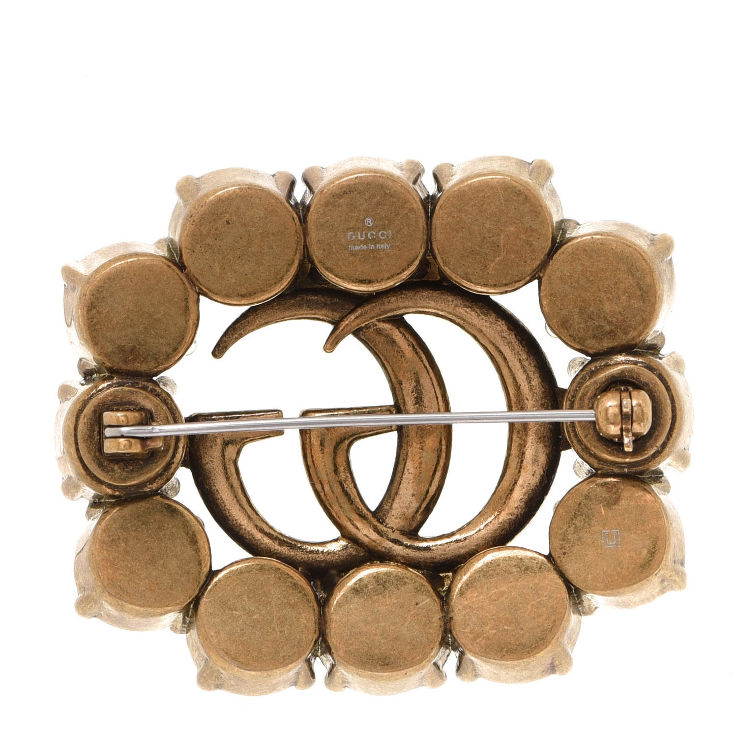 Metal Crystal Double G Brooch Aged Gold