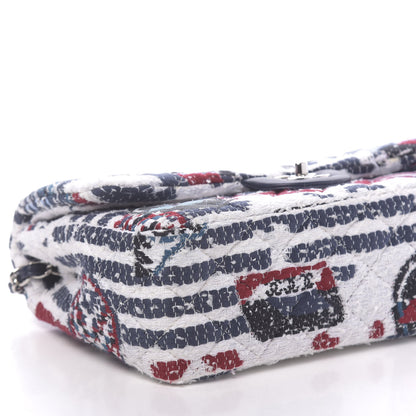 Chanel Tweed Airline Printed Jumbo Double Flap White Navy Red Peacock 9 of 11