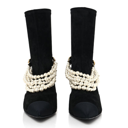 Chanel Stretch Suede Calfskin Grosgrain Pearl Multi Strand Cap Toe Ankle Boots 37 Black 2 of 7