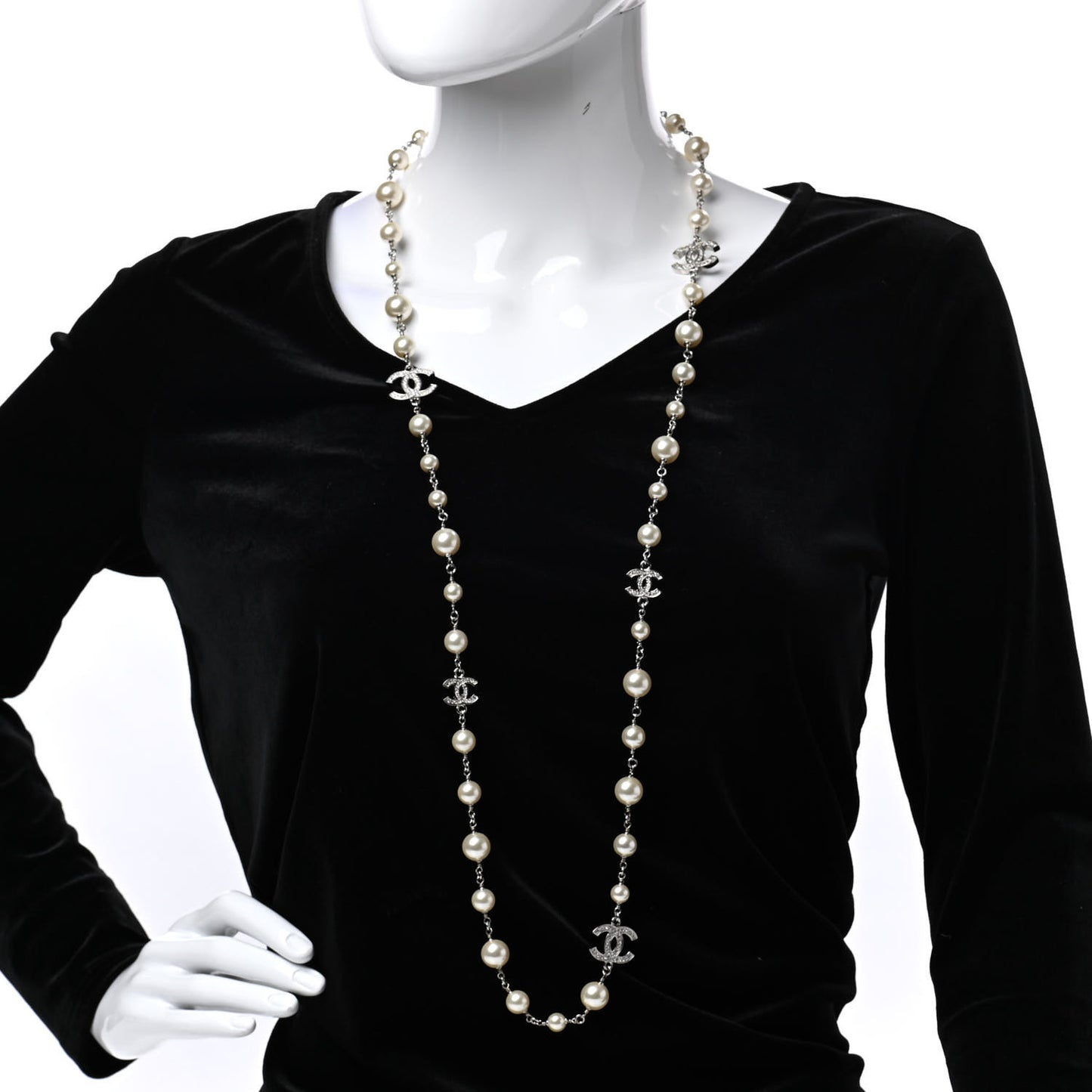 Crystal Pearl CC Long Necklace Silver