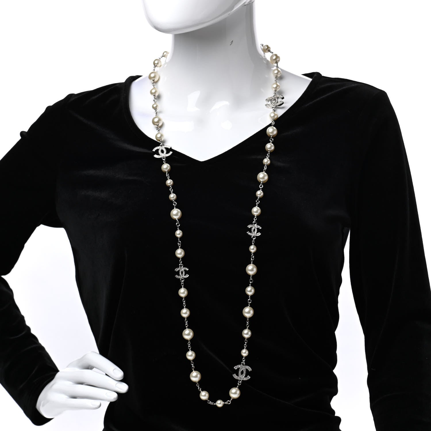 Chanel Crystal Pearl CC Long Necklace Silver 2 of 6
