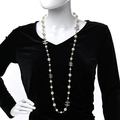 Chanel Crystal Pearl CC Long Necklace Silver 2 of 6
