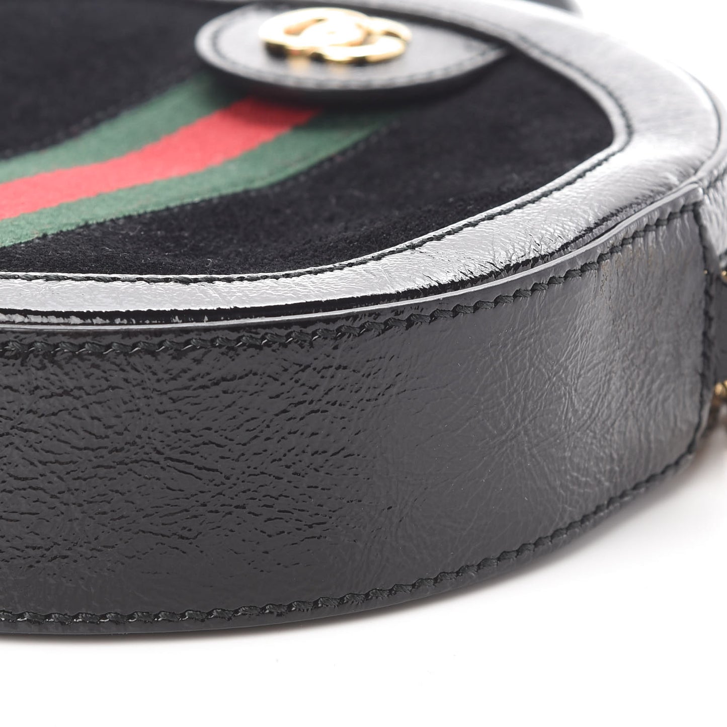 Suede Patent Web Mini Ophidia Round Shoulder Bag Black