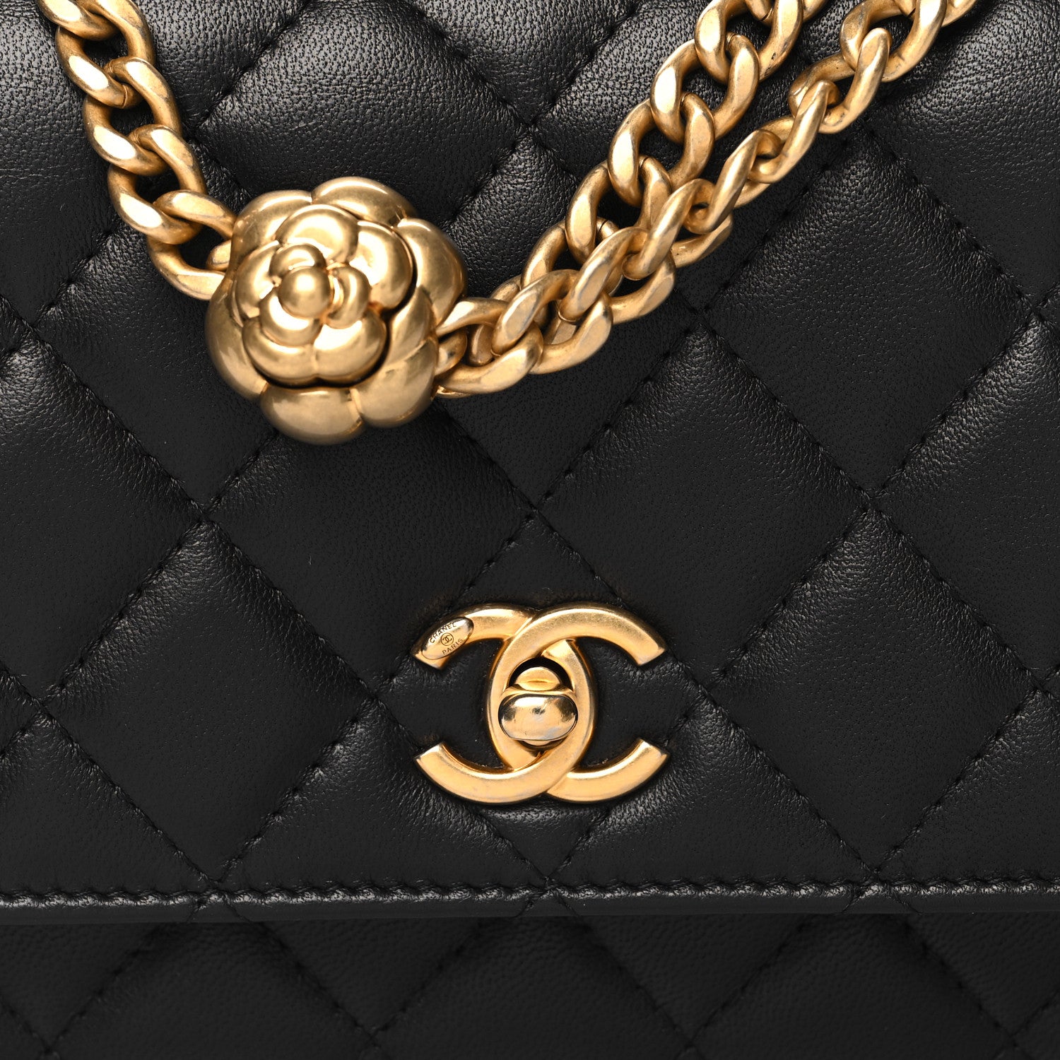 Chanel Lambskin Quilted Sweet Camellia Wallet On Chain WOC Black 9 of 12