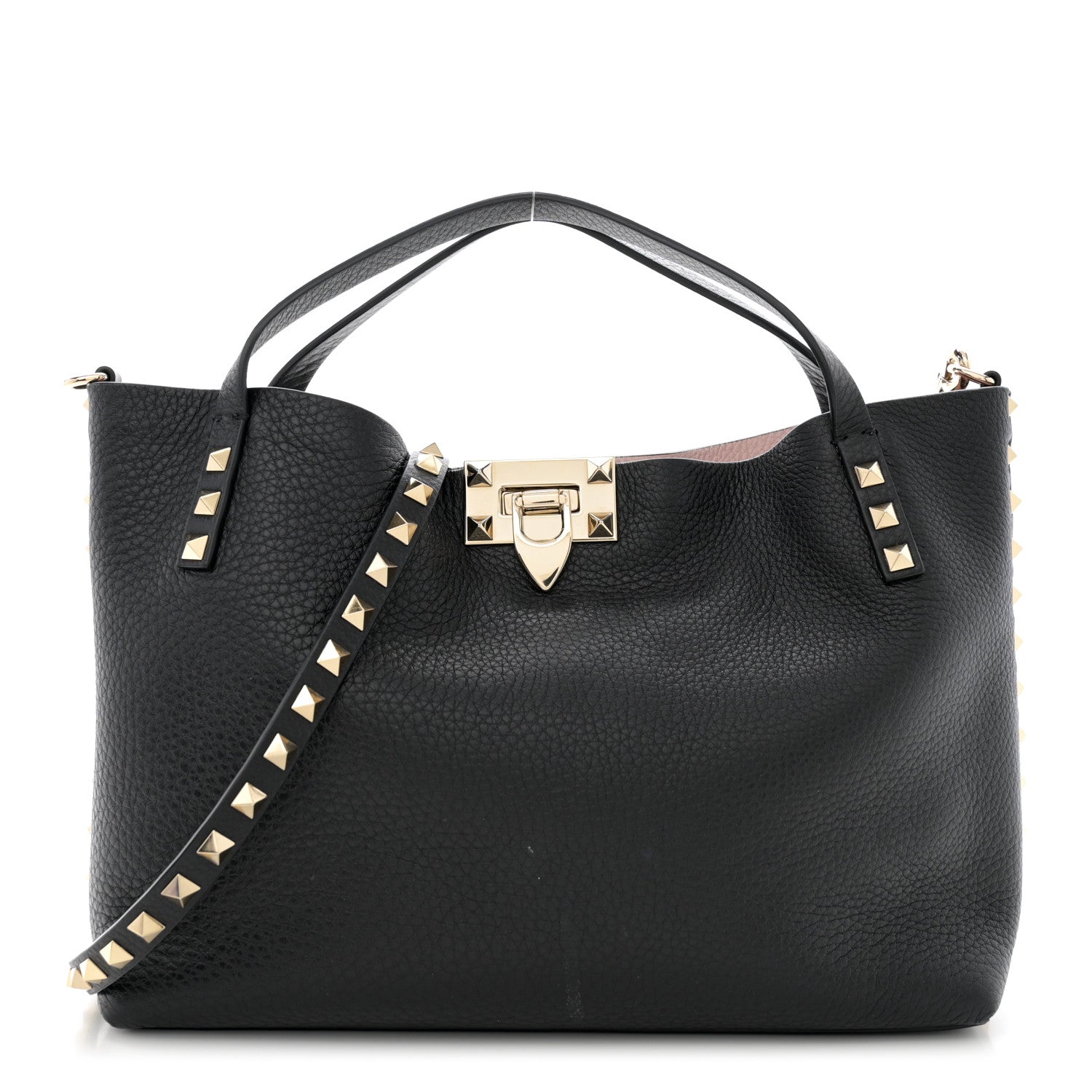 Valentino Garavani Grained Calfskin Small Rockstud Flip Lock Tote Black Rose Quartz 1 of 16