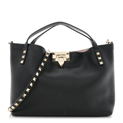Valentino Garavani Grained Calfskin Small Rockstud Flip Lock Tote Black Rose Quartz 1 of 16
