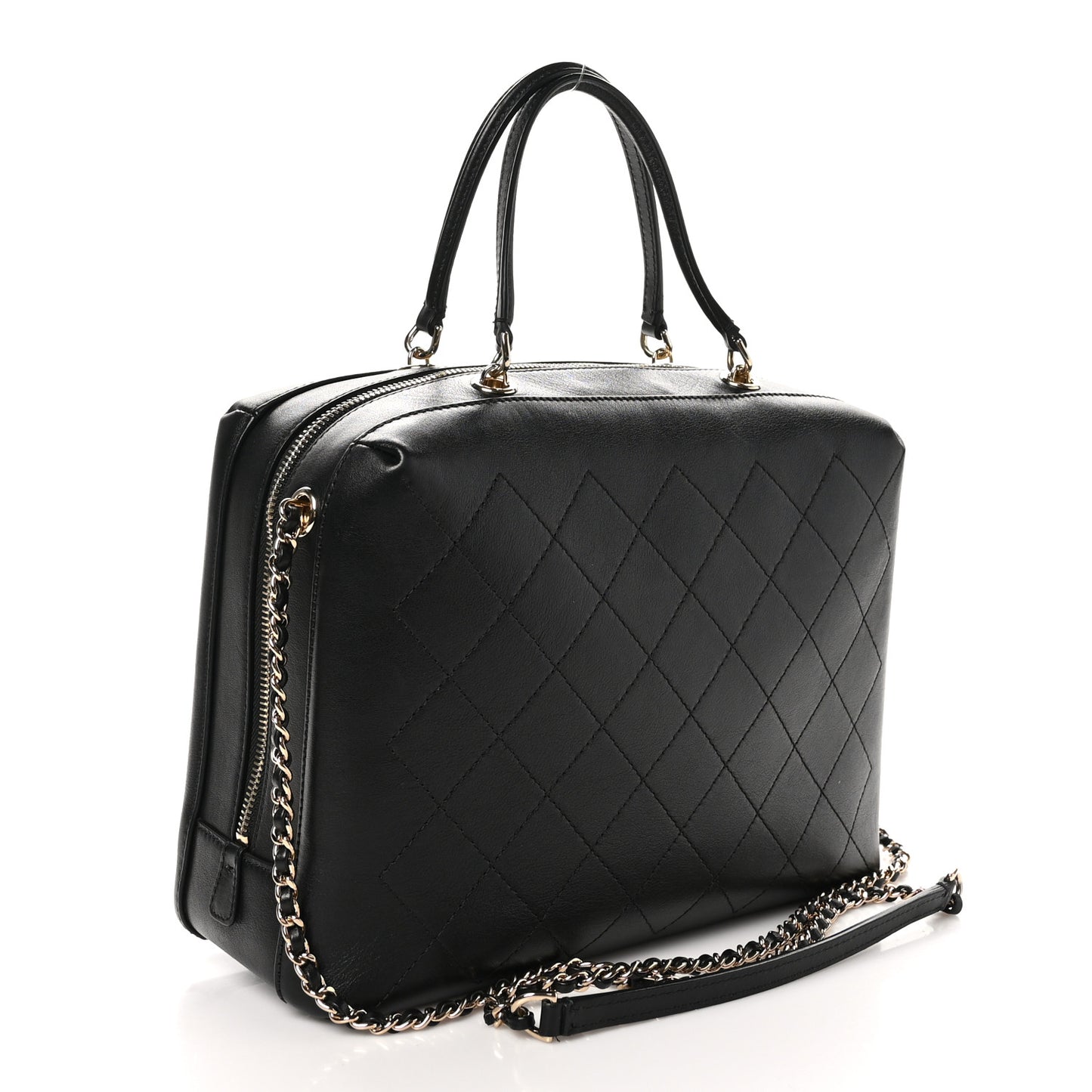 Calfskin Stitched Sleek Box Top Handle Vanity Bag Black
