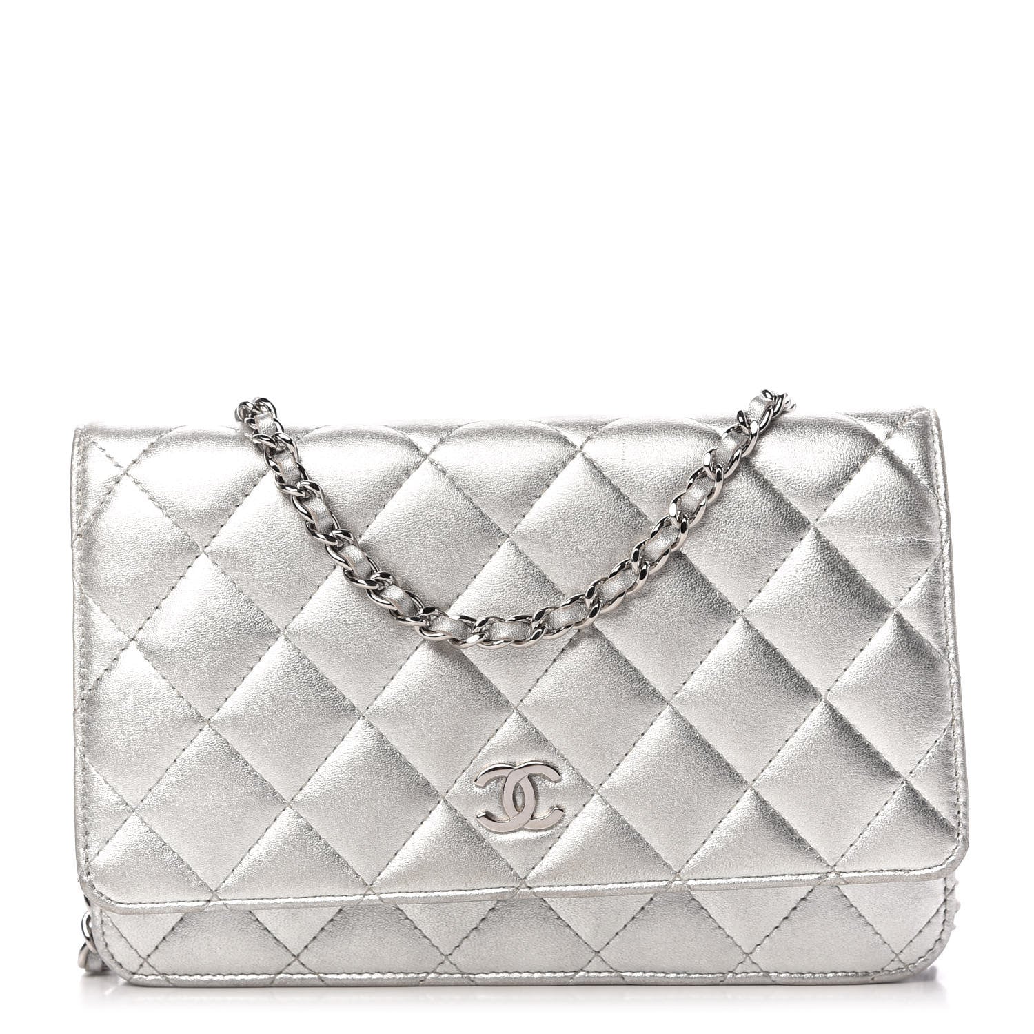 Chanel Metallic Lambskin Quilted Wallet On Chain WOC Silver 1 of 11