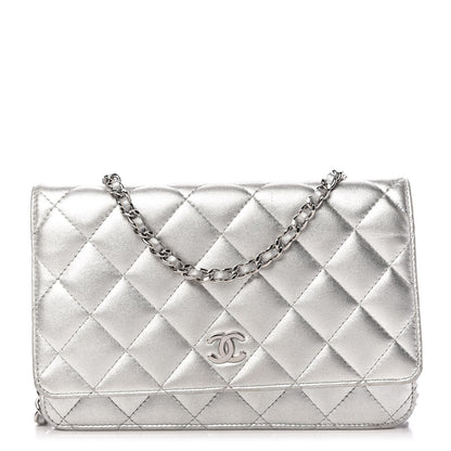Chanel Metallic Lambskin Quilted Wallet On Chain WOC Silver 1 of 11
