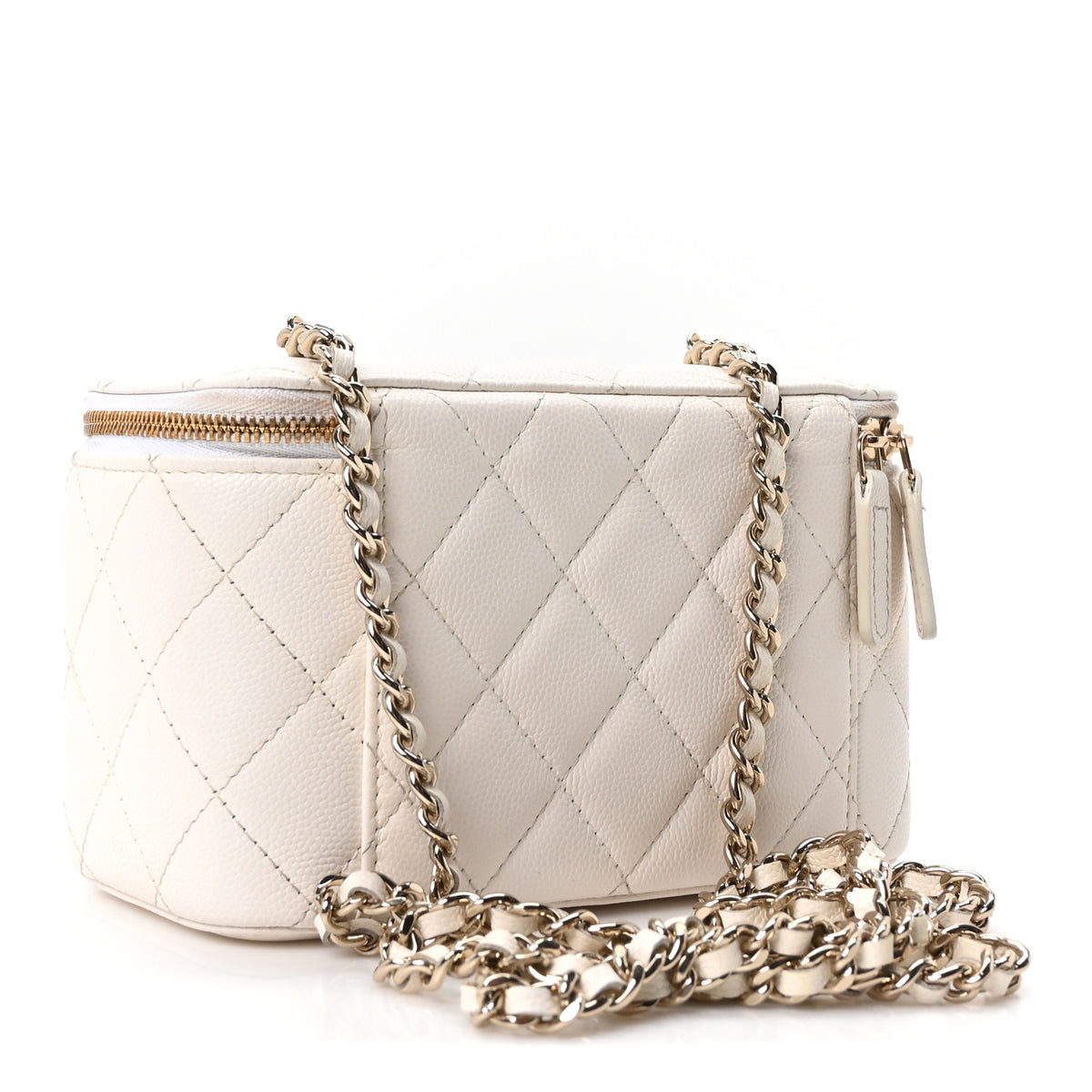 Chanel Caviar Quilted Crystal CC Logo Vanity Case With Chain White 3 of 11