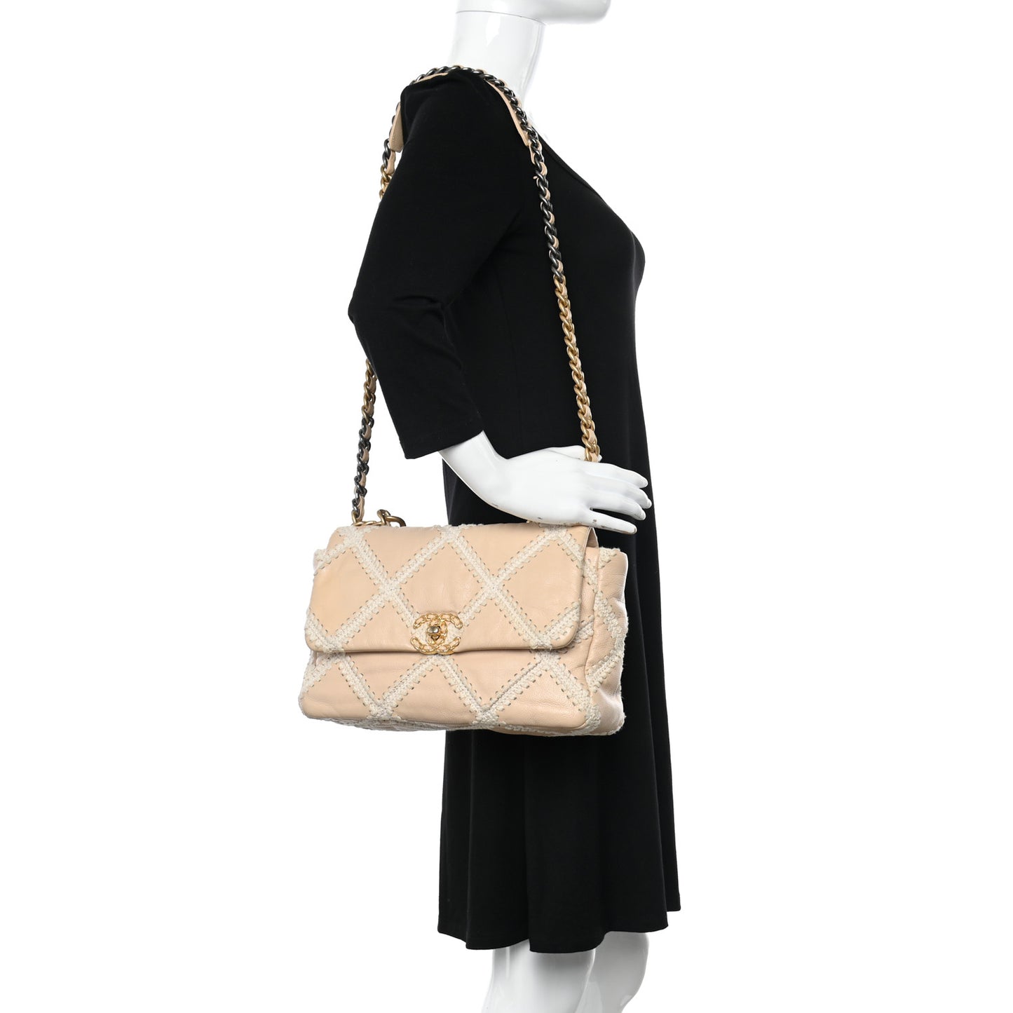 Calfskin Crochet Large Chanel 19 Flap Beige