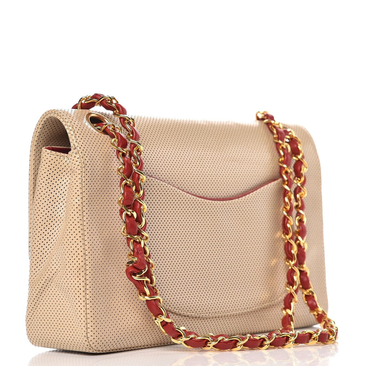 Lambskin Perforated Medium Single Flap Bag Beige Red