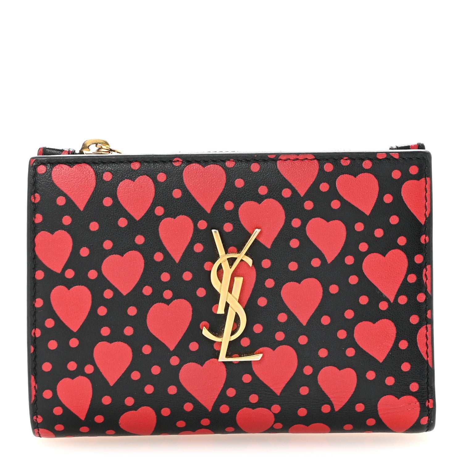 Saint Laurent Calfskin Heart Print Monogram Fragments Wallet Black Red 1 of 7