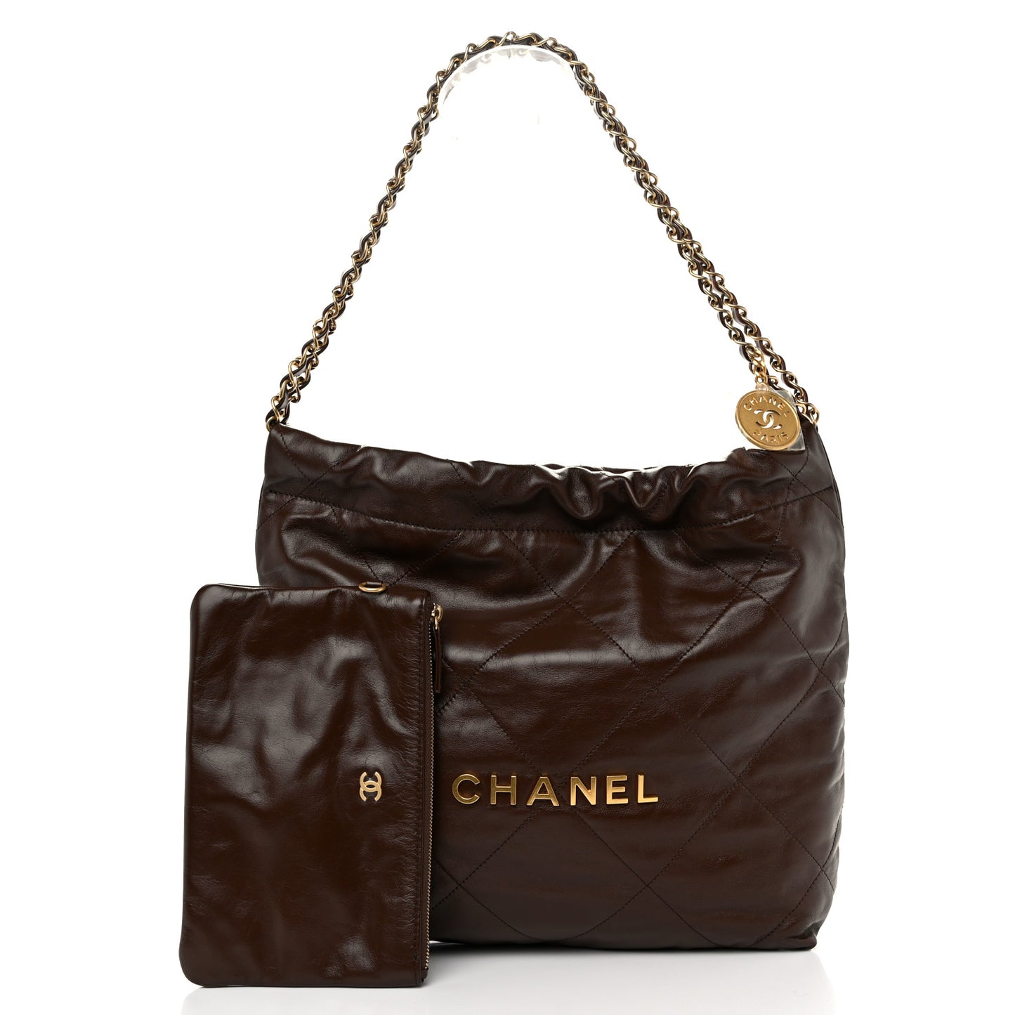 Shiny Calfskin Quilted Small Chanel 22 Dark Brown