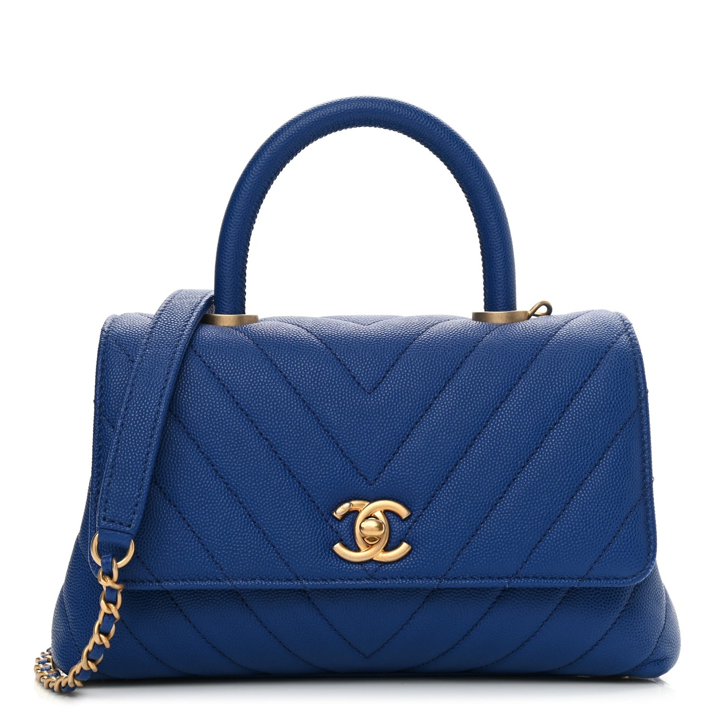 Caviar Chevron Quilted Mini Coco Handle Flap Blue