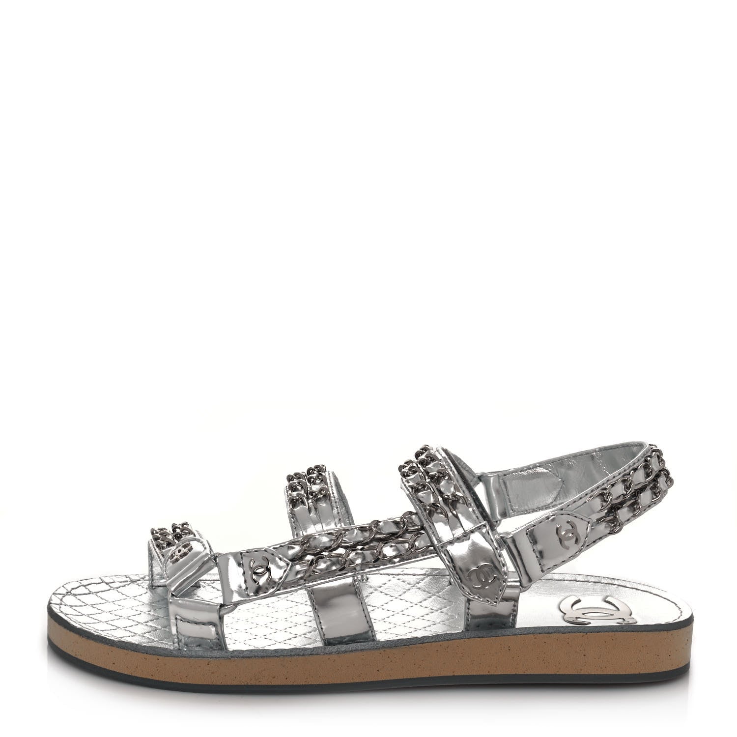 Chanel Metallic Laminated Goatskin Chain Flat Sandals 39 Silver 1 of 9