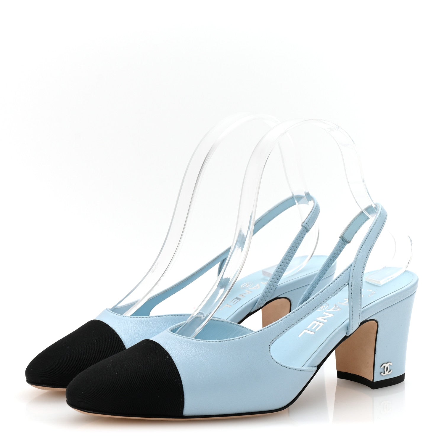 Chanel Lambskin Grosgrain Cap Toe CC Slingback Pumps 38 Light Blue Black 4 of 10