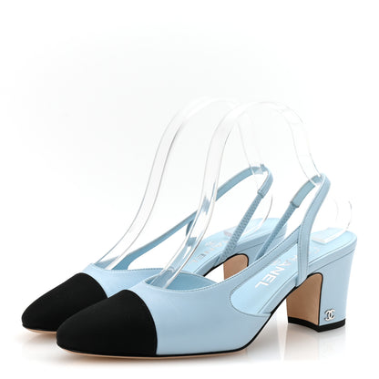Chanel Lambskin Grosgrain Cap Toe CC Slingback Pumps 38 Light Blue Black 4 of 10