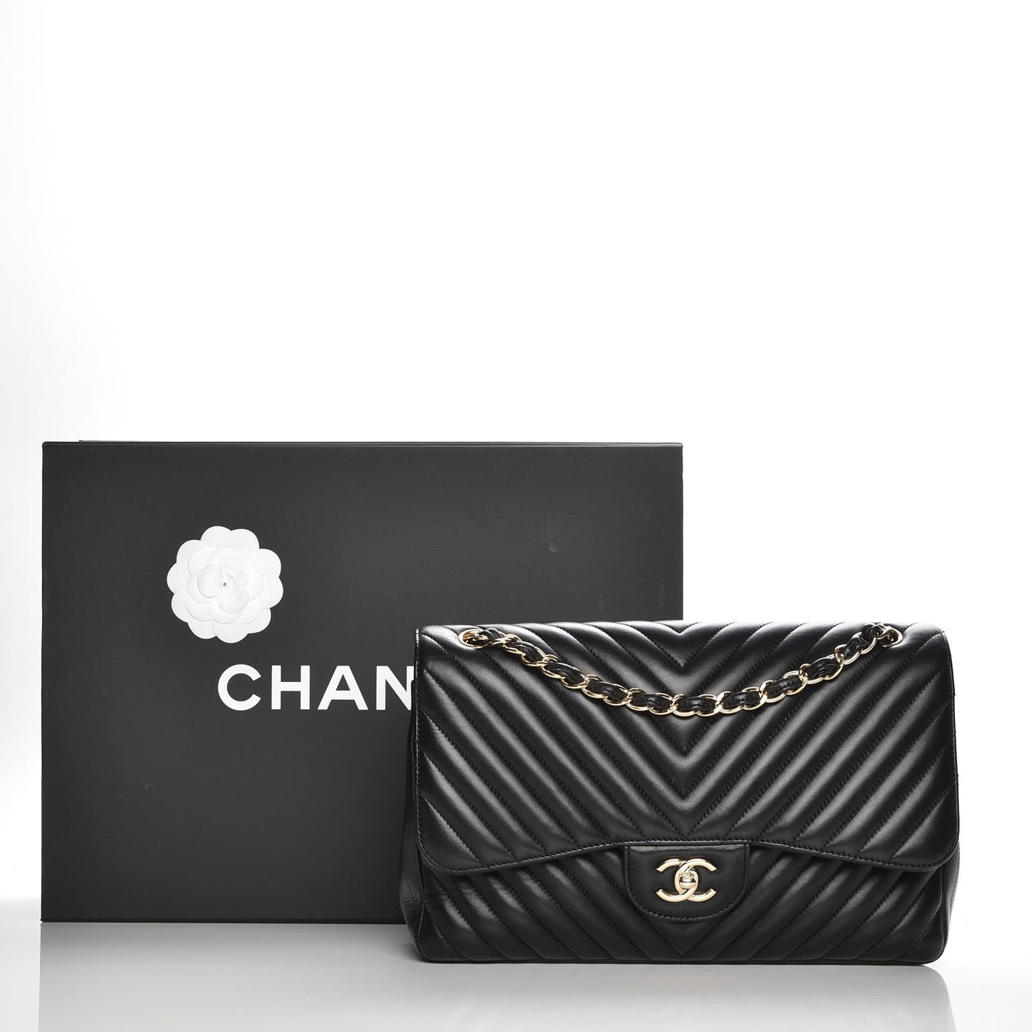 Lambskin Chevron Quilted Jumbo Double Flap Black