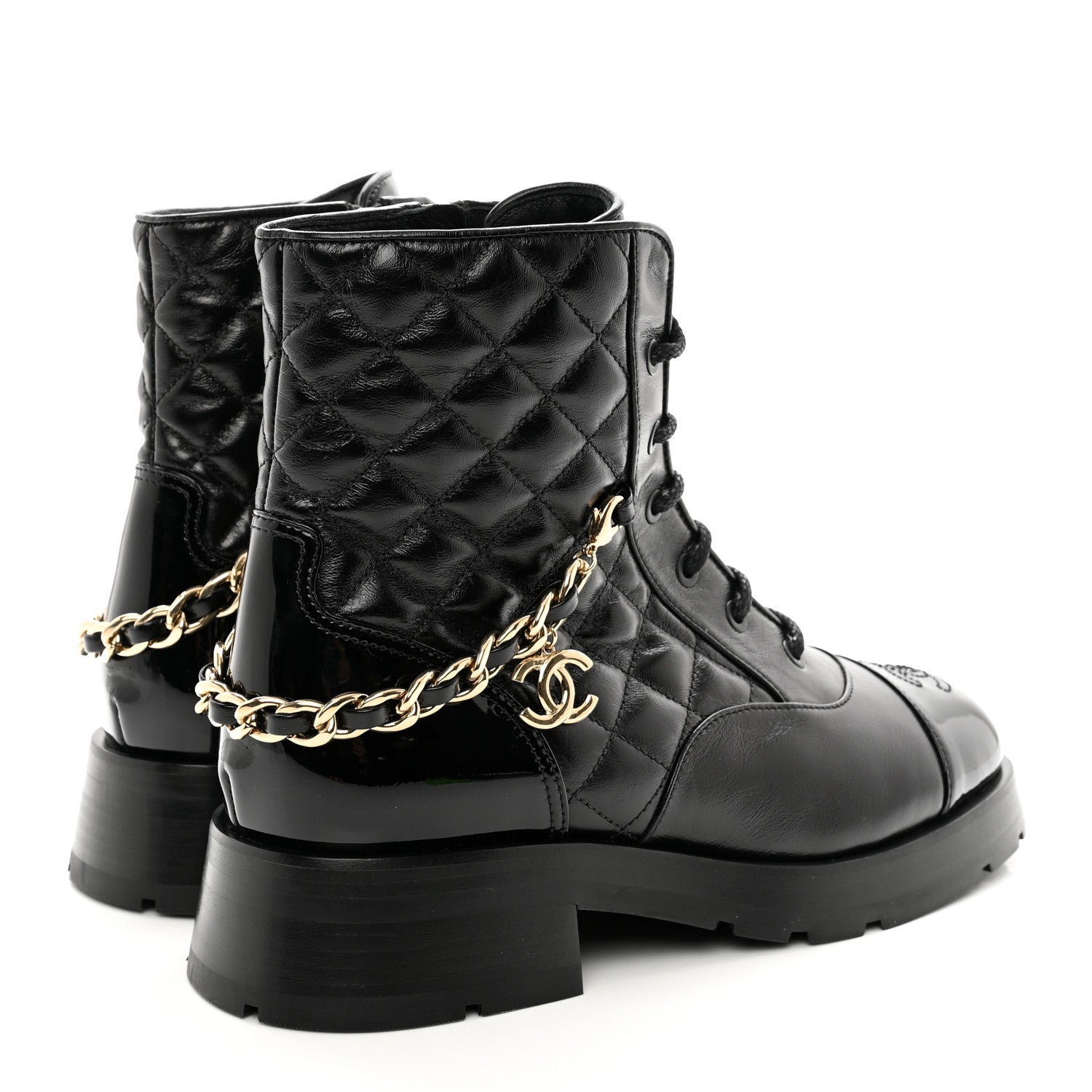 Chanel Shiny Calfskin Patent Quilted Chain Lace Up Combat Boots 39 Black 4 of 11