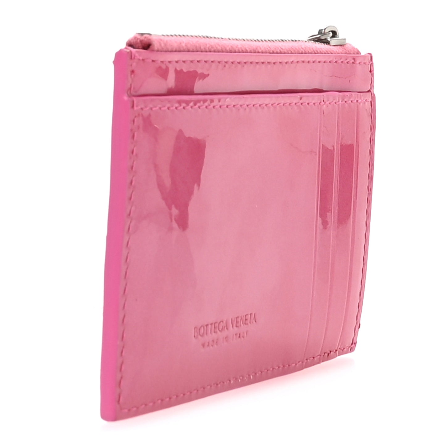 Metallic Patent Calfskin Intrecciato Cassette Zipped Card Case Pink