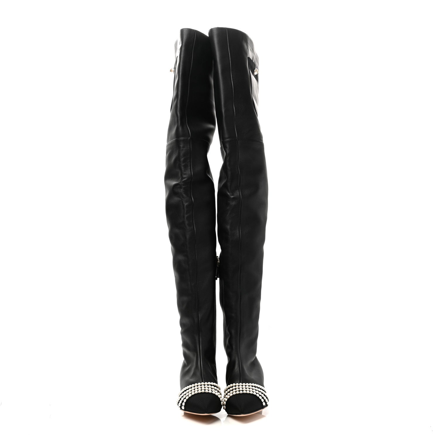 Chanel Lambskin Grosgrain Pearl Cap Toe High Boots 36 Black 2 of 8