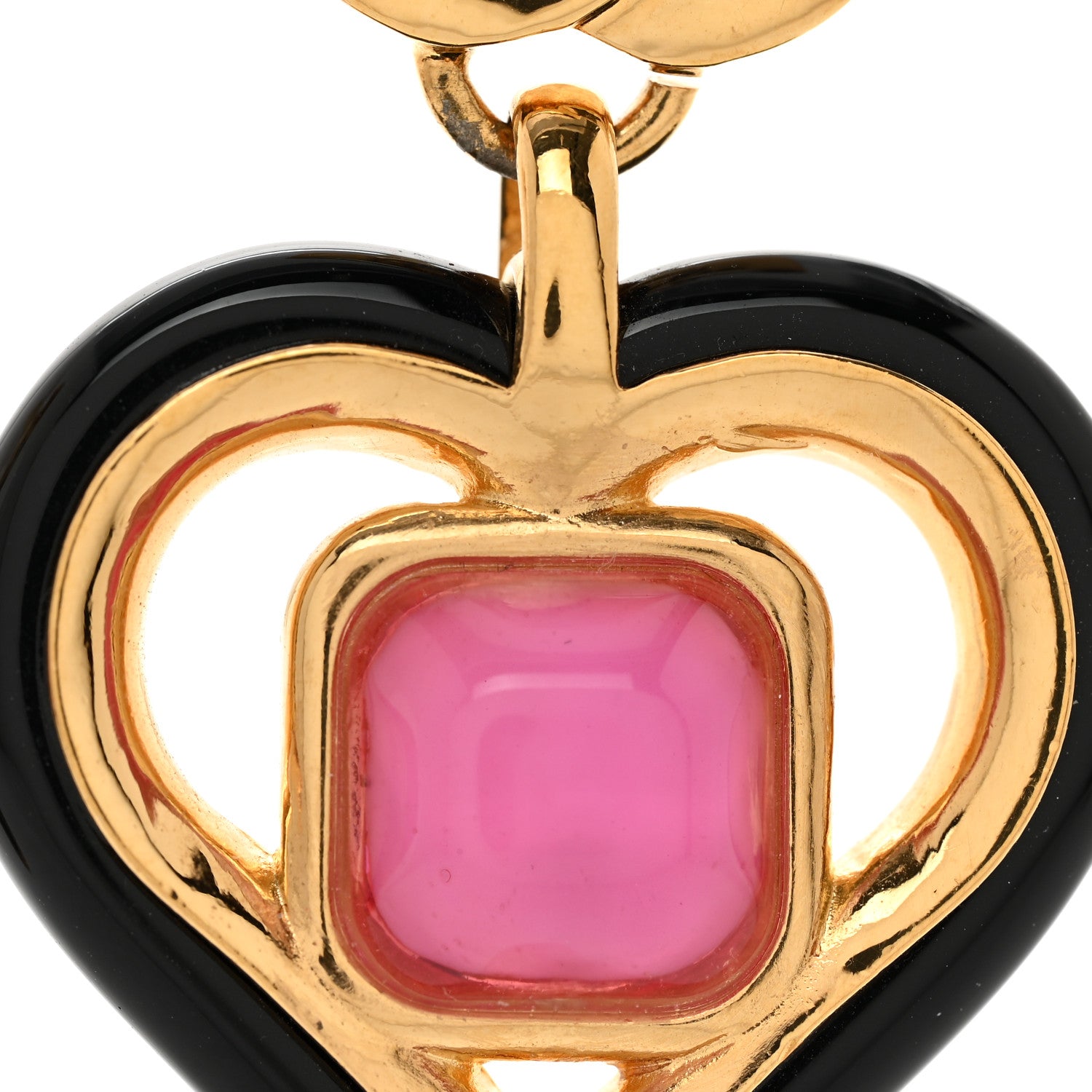 Chanel Resin Heart CC Drop Earrings Black Pink Gold 5 of 6