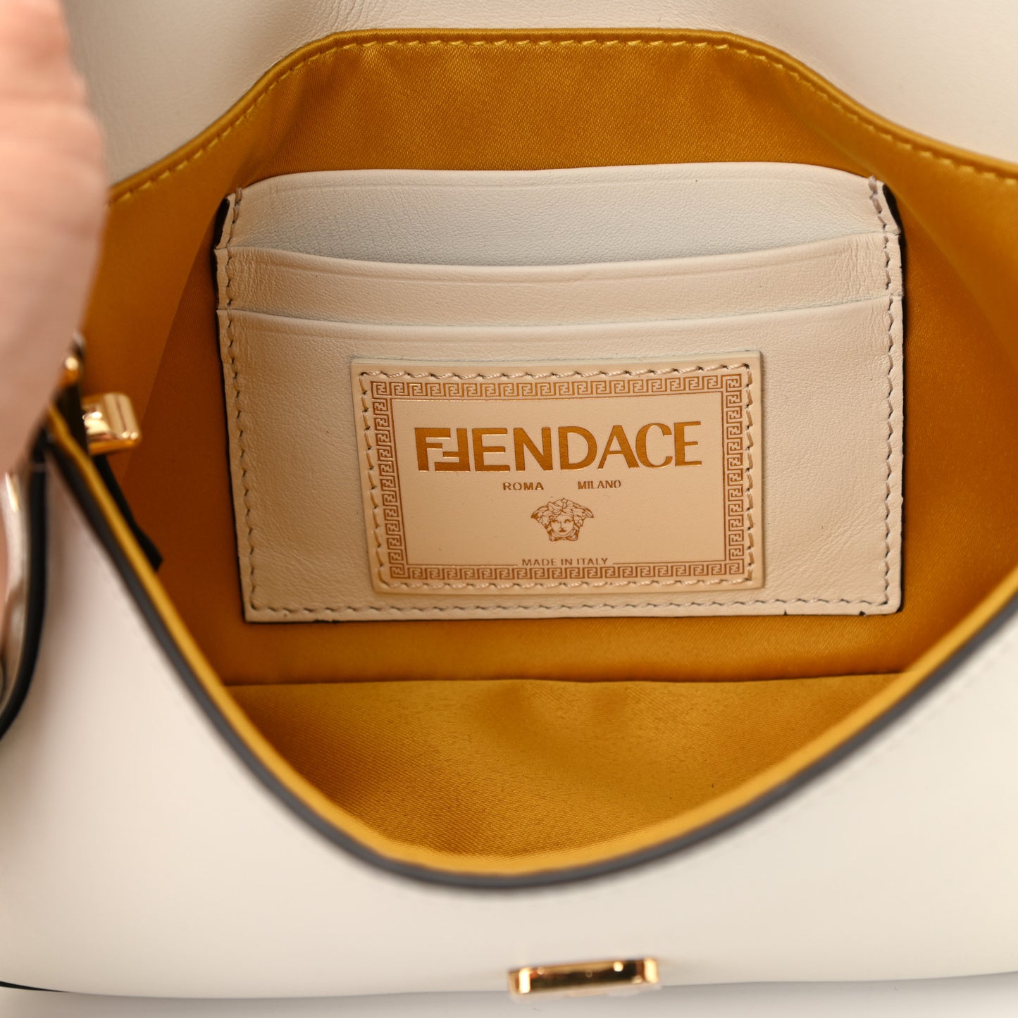 X VERSACE Vitello Seta Fendace Mini Brooch Baguette White Ice
