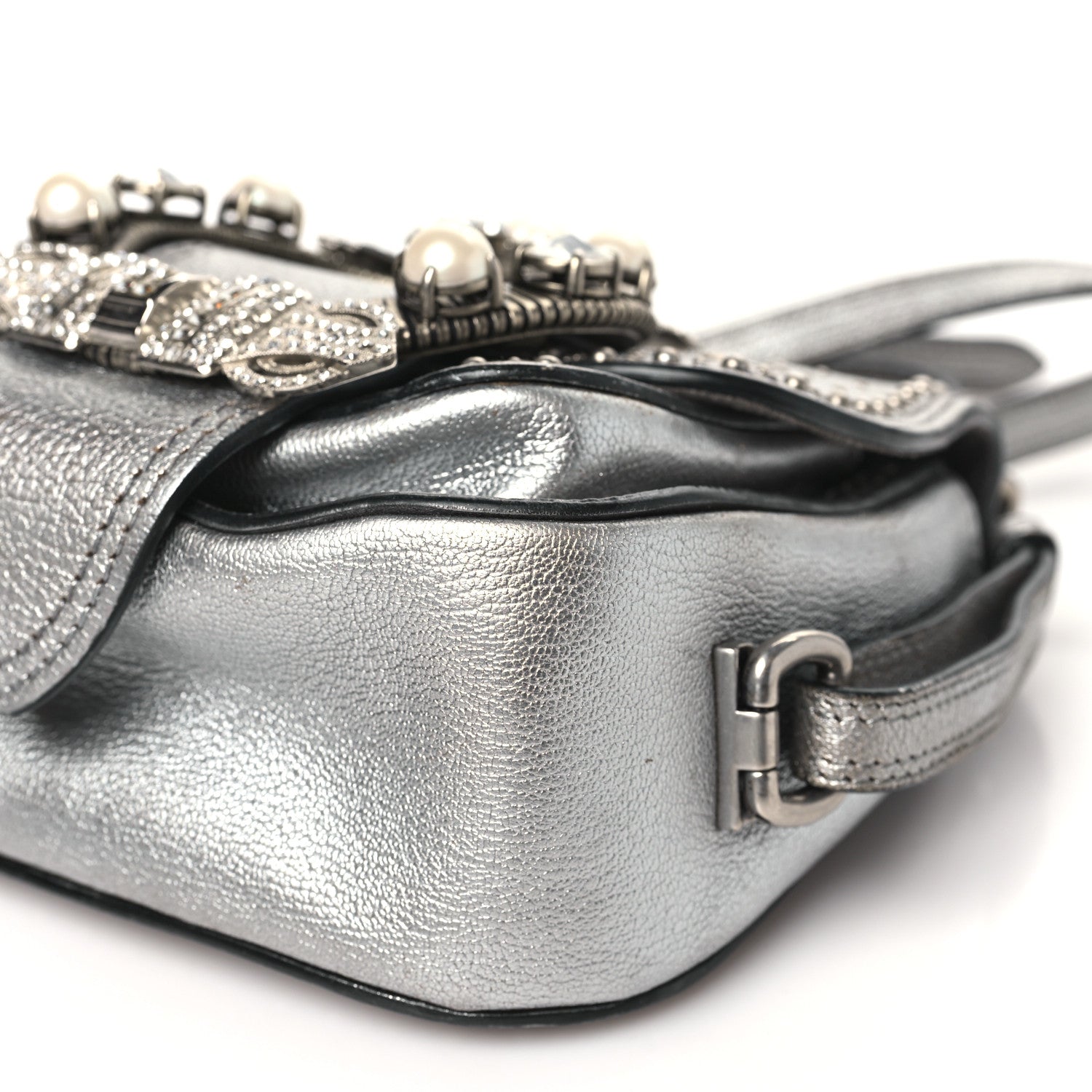 Miu Miu Goatskin Madras Soft Calfskin Crystal Embellished Dahlia Shoulder Bag Chrome 10 of 13