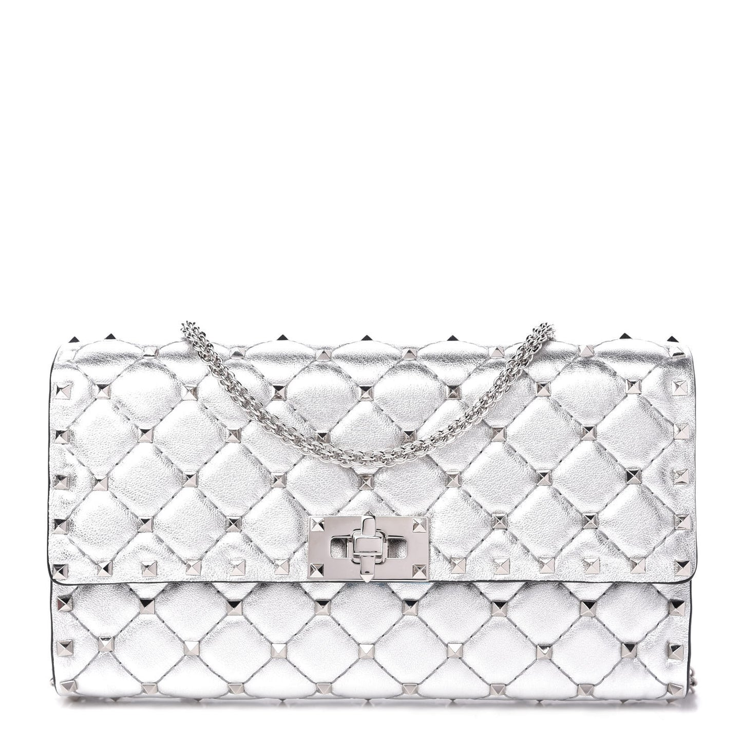 Metallic Nappa Rockstud Spike Wallet on Chain Silver