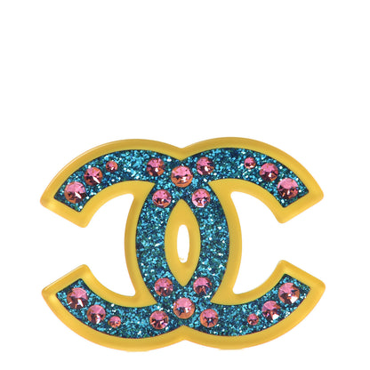 Chanel Resin Glitter Crystal CC Brooch Yellow Blue 1 of 6