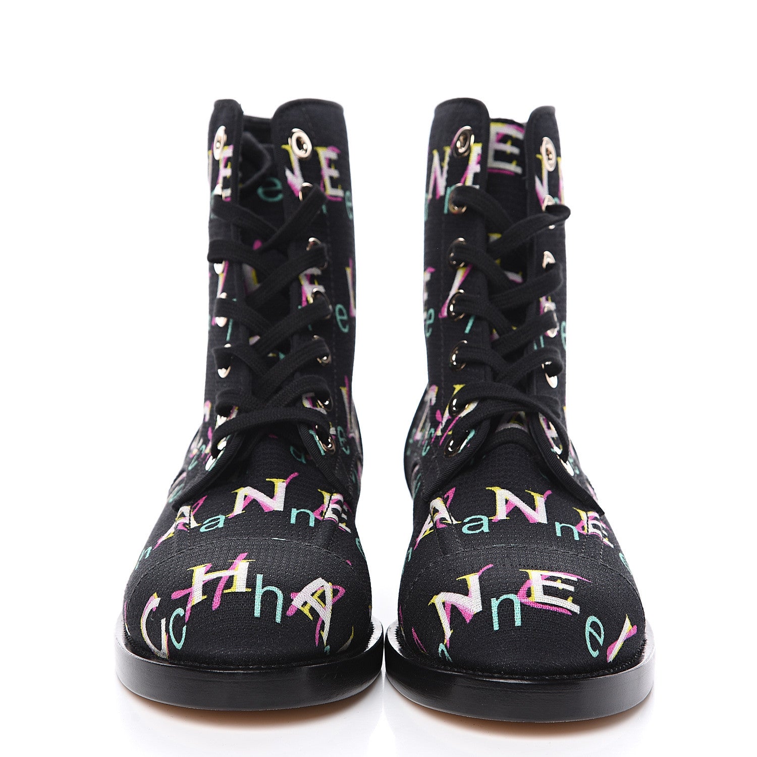 Chanel Tweed Lace Up Short Boots 37.5 Black Ecru Green Red 2 of 8