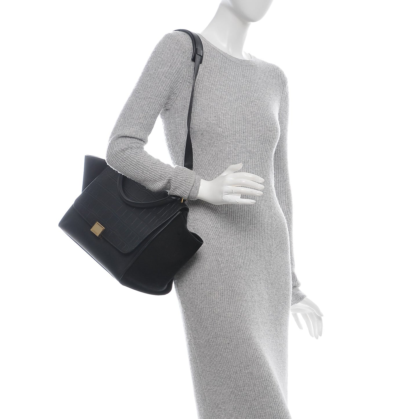 Crocodile Embossed Calfskin Suede Medium Trapeze Black
