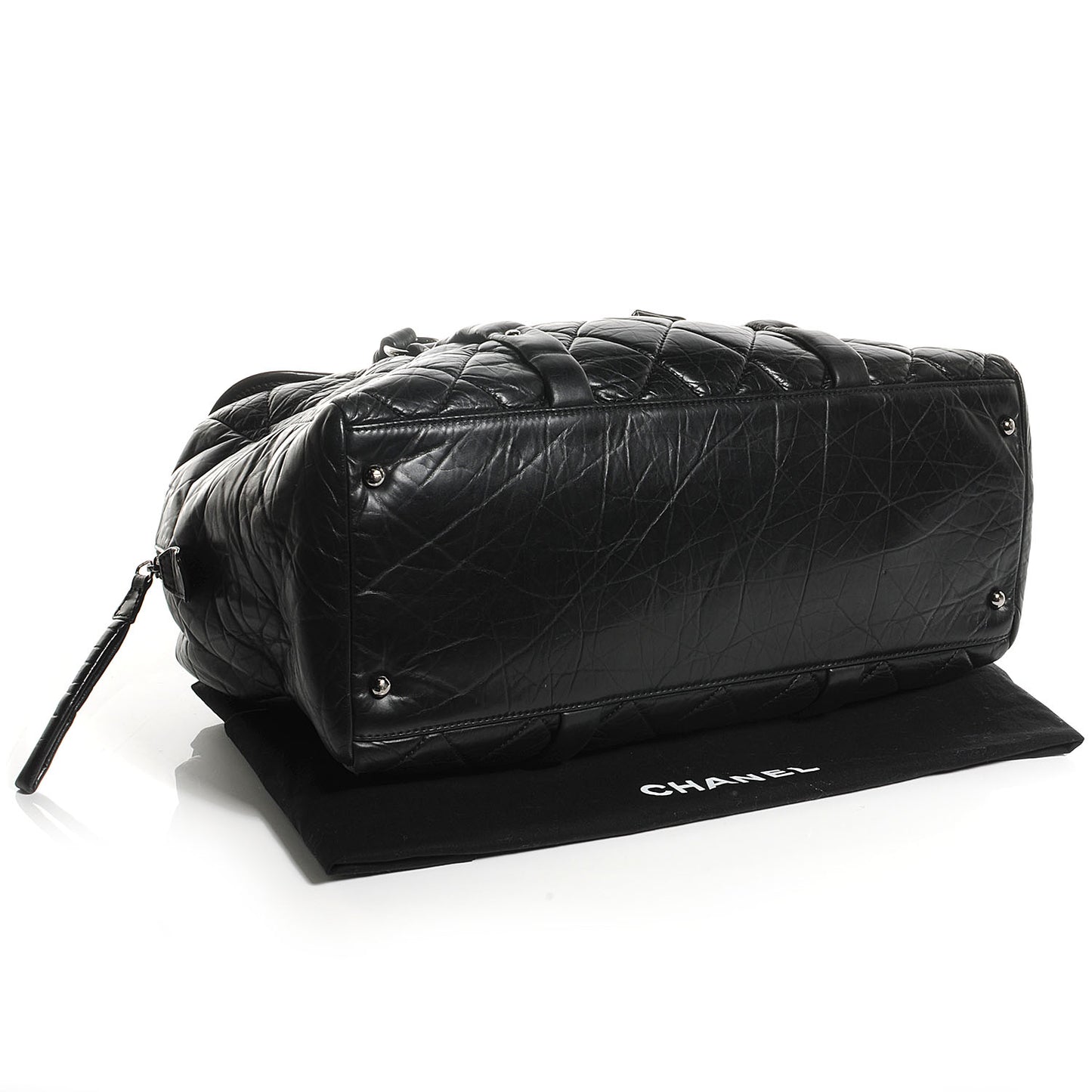 Distressed Lambskin Lady Braid Flap Tote Black