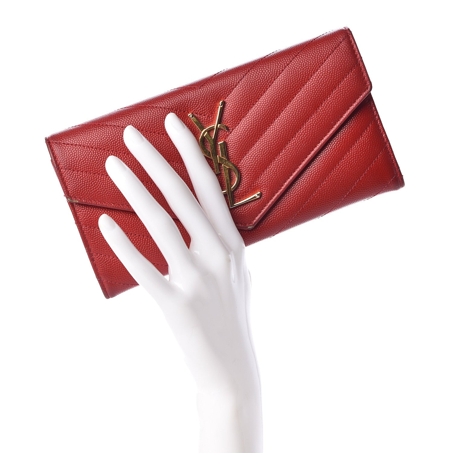 Saint Laurent Grain De Poudre Matelasse Chevron Monogram Flap Wallet Red 2 of 15