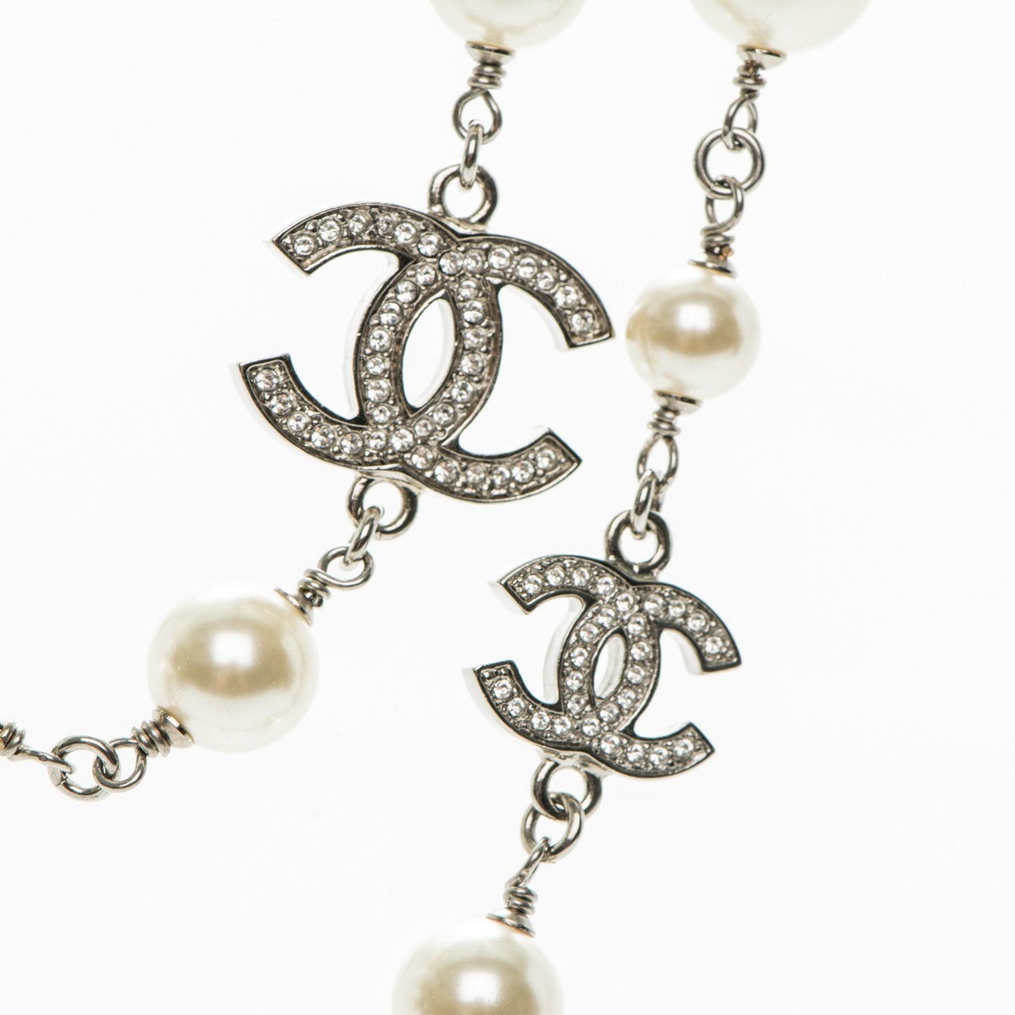 Crystal Pearl CC Long Necklace Silver
