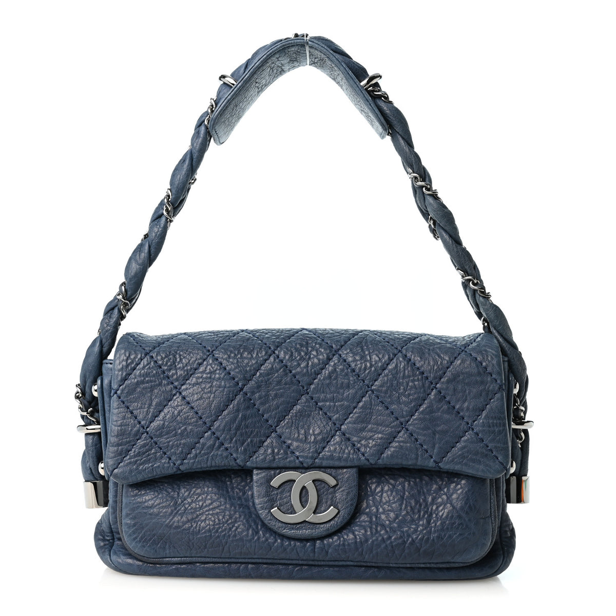 Distressed Lambskin Small Lady Braid Flap Blue