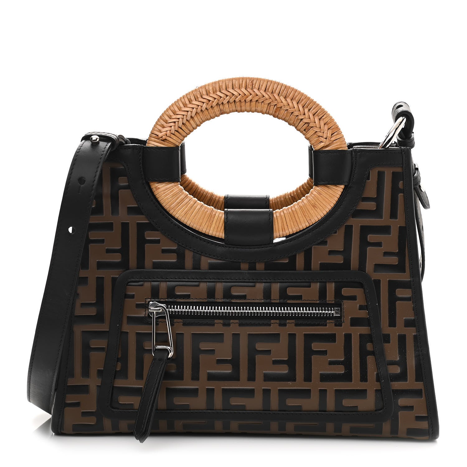 Fendi Vitello Century Wicker Bi-Color FF 1974 Embossed Small Runaway Shopper Tote Maya Black 1 of 10
