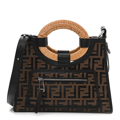 Fendi Vitello Century Wicker Bi-Color FF 1974 Embossed Small Runaway Shopper Tote Maya Black 1 of 10