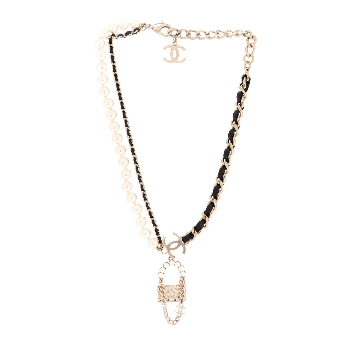 Lambskin Pearl Quilted Flap Necklace Gold Black Pearly White