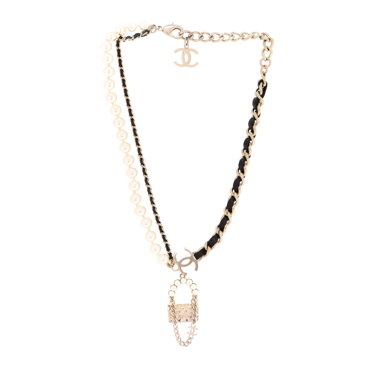 Chanel Lambskin Pearl Quilted Flap Necklace Gold Black Pearly White 3 of 6