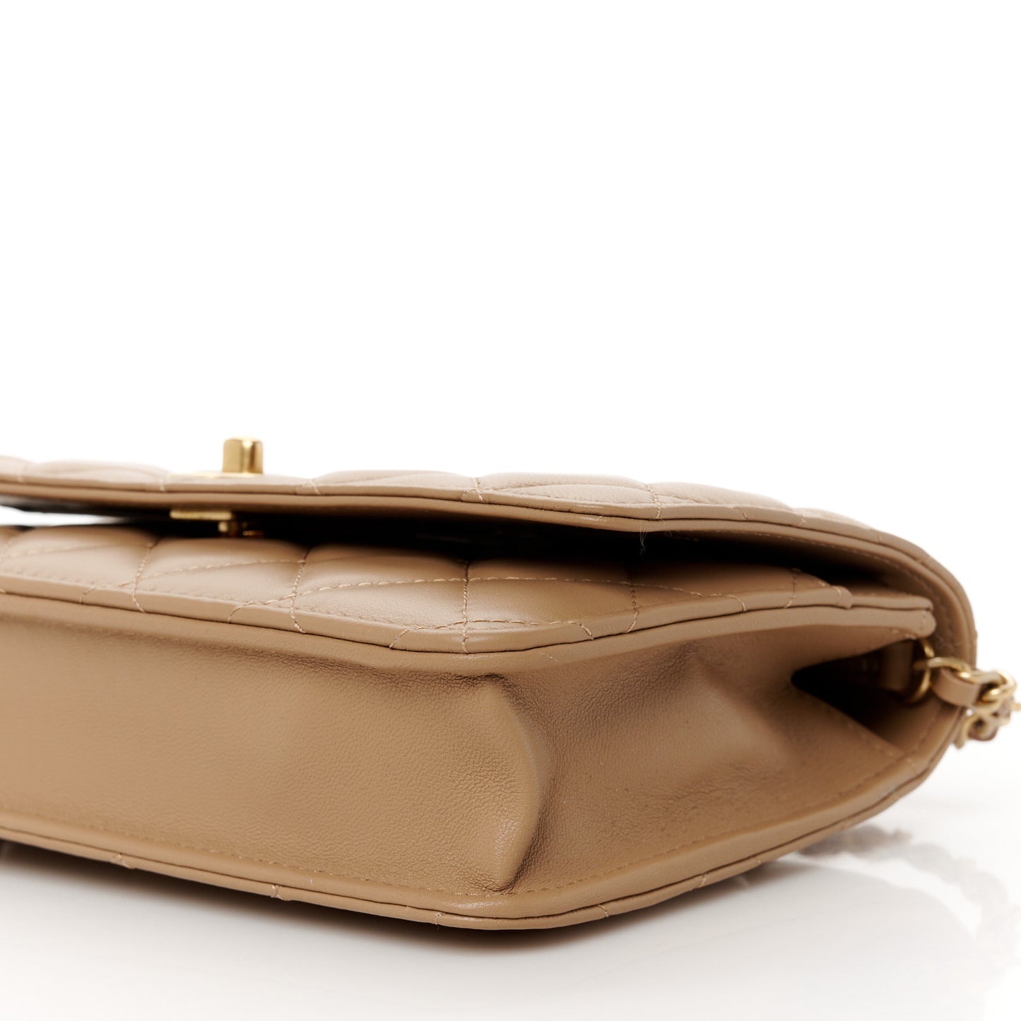 Lambskin Quilted CC Pearl Crush Wallet on Chain WOC Beige