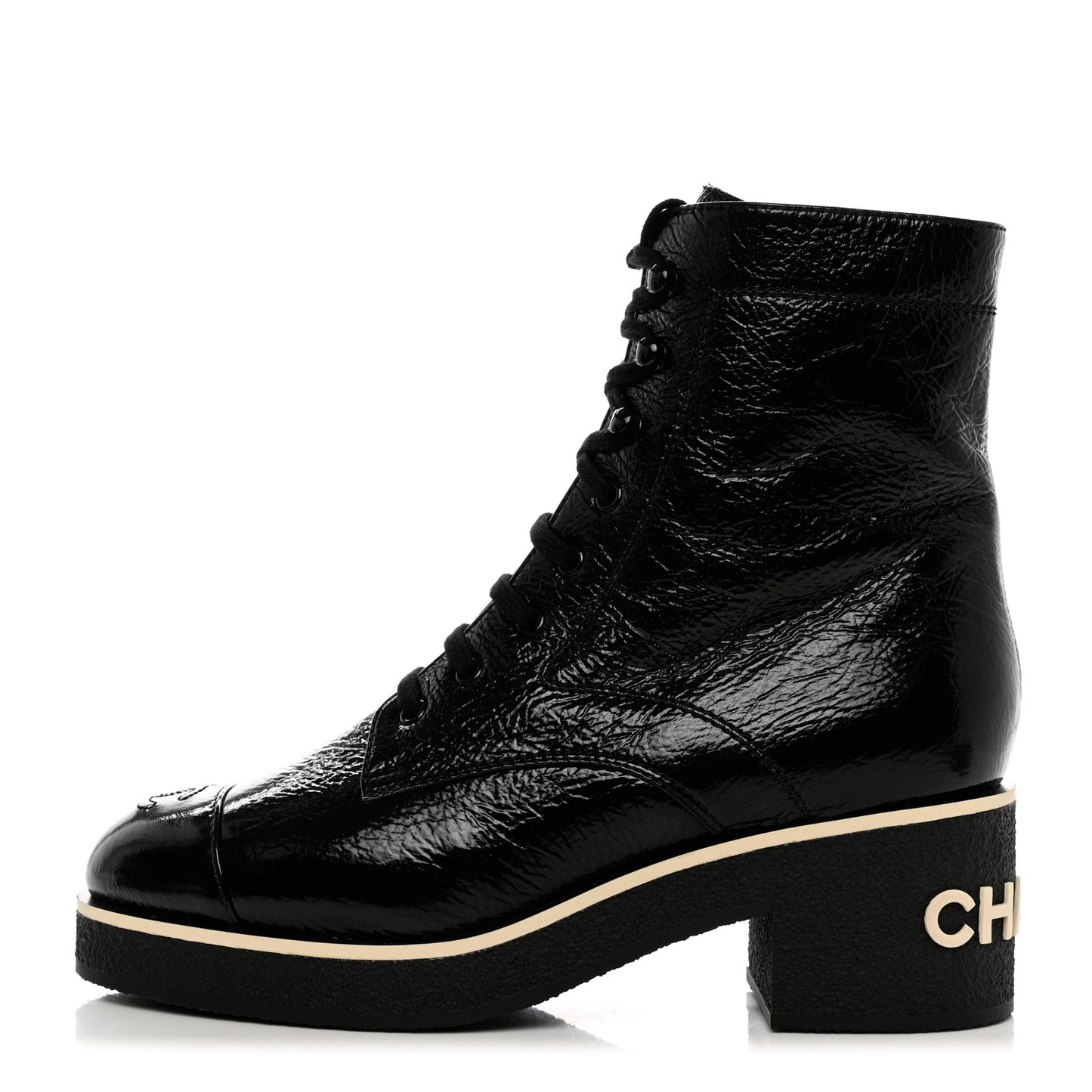 Shiny Crumpled Lambskin Lace Up Combat Boots 40.5 Black