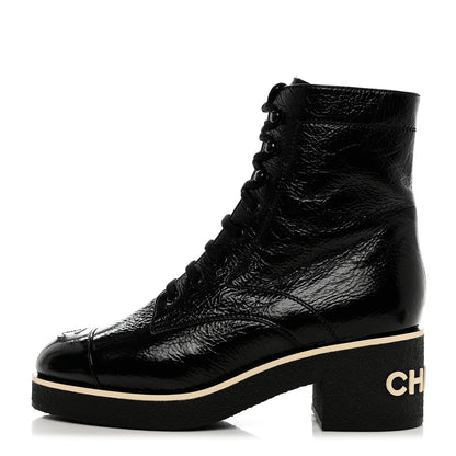 Chanel Shiny Crumpled Lambskin Lace Up Combat Boots 40.5 Black 1 of 9