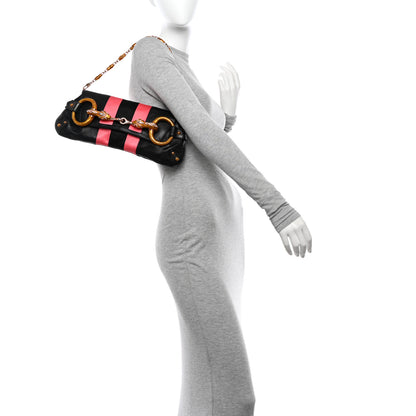 Gucci Calfskin Lizard Satin Studded Crystal Horsebit Clutch Pink Black 2 of 11