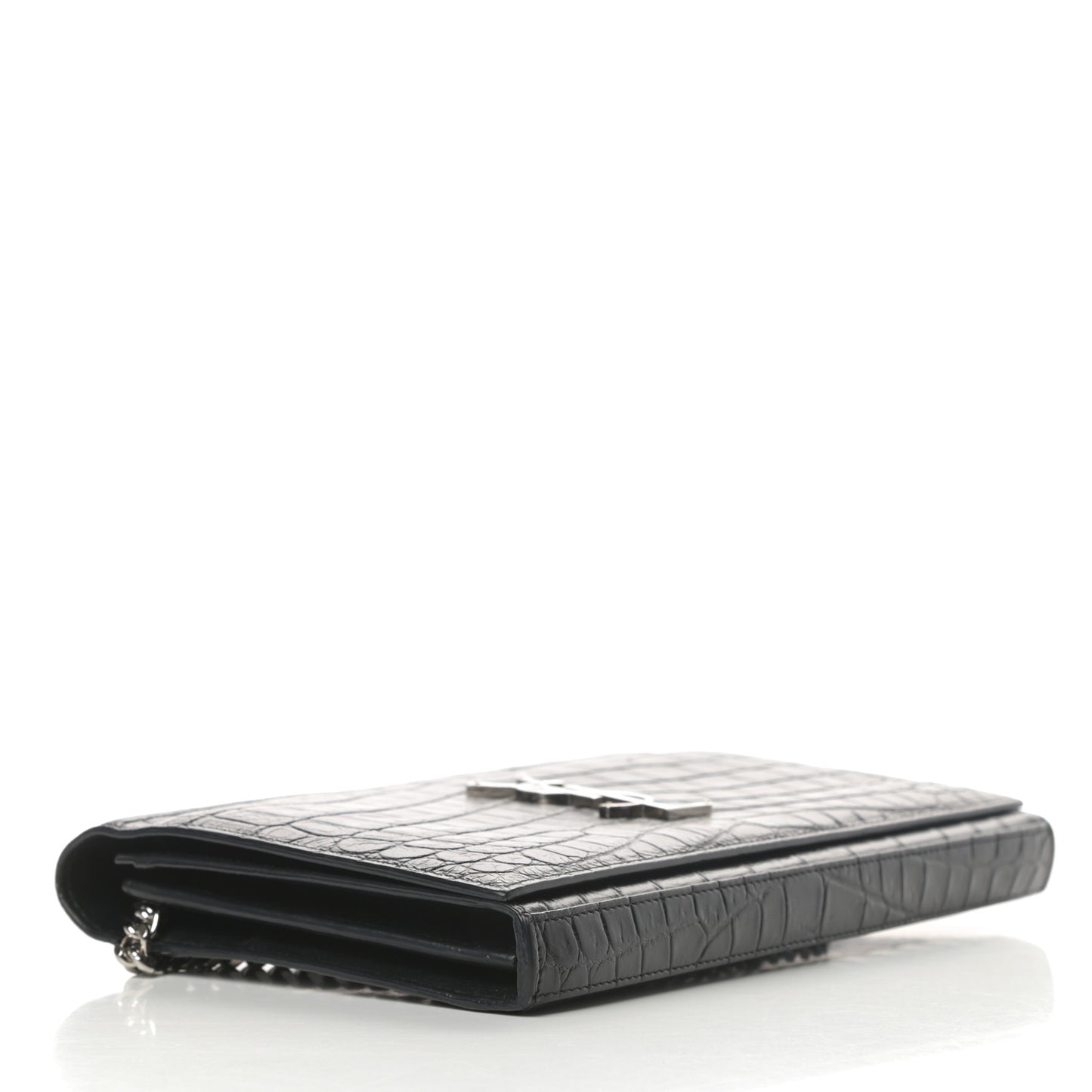 Calfskin Crocodile Embossed Monogram Chain Wallet Black