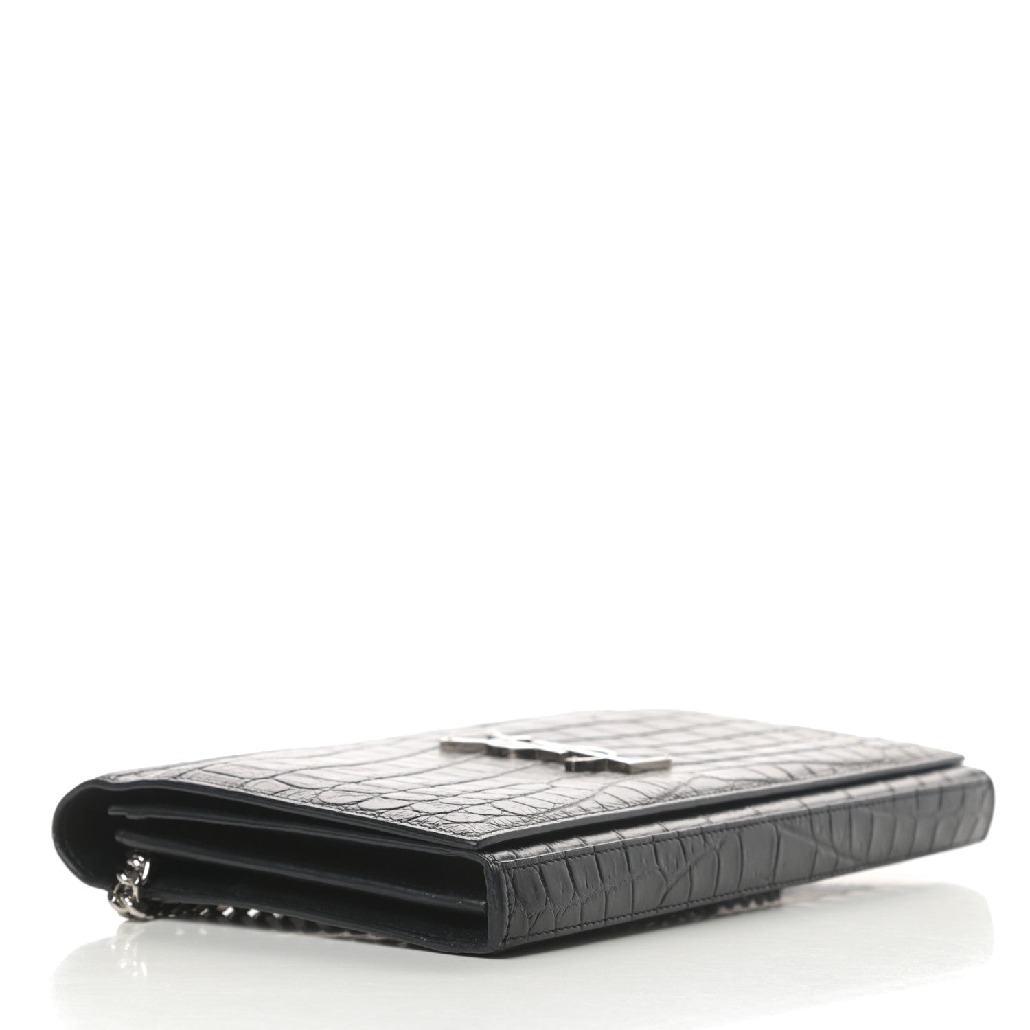 Saint Laurent Calfskin Crocodile Embossed Monogram Chain Wallet Black 4 of 14